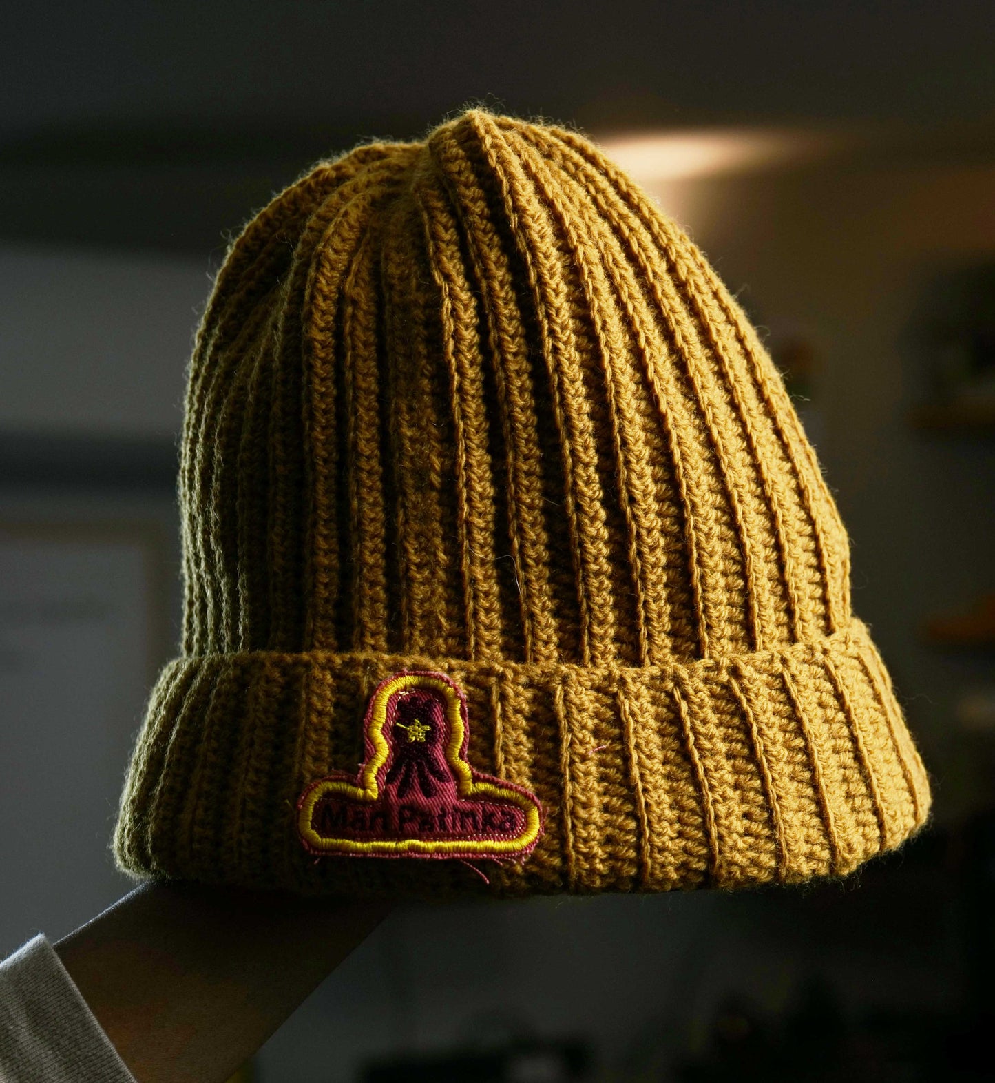 Handmade Mustard Ribbed Beanie with Crochet Oggy Character