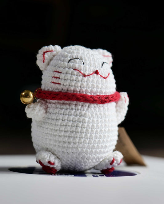 Handmade Crochet Lucky Cat • Maneki-Style Plush • One-of-a-Kind