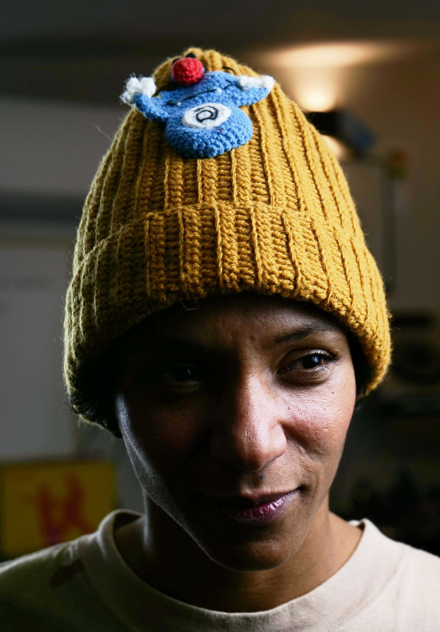 Handmade Mustard Ribbed Beanie with Crochet Oggy Character