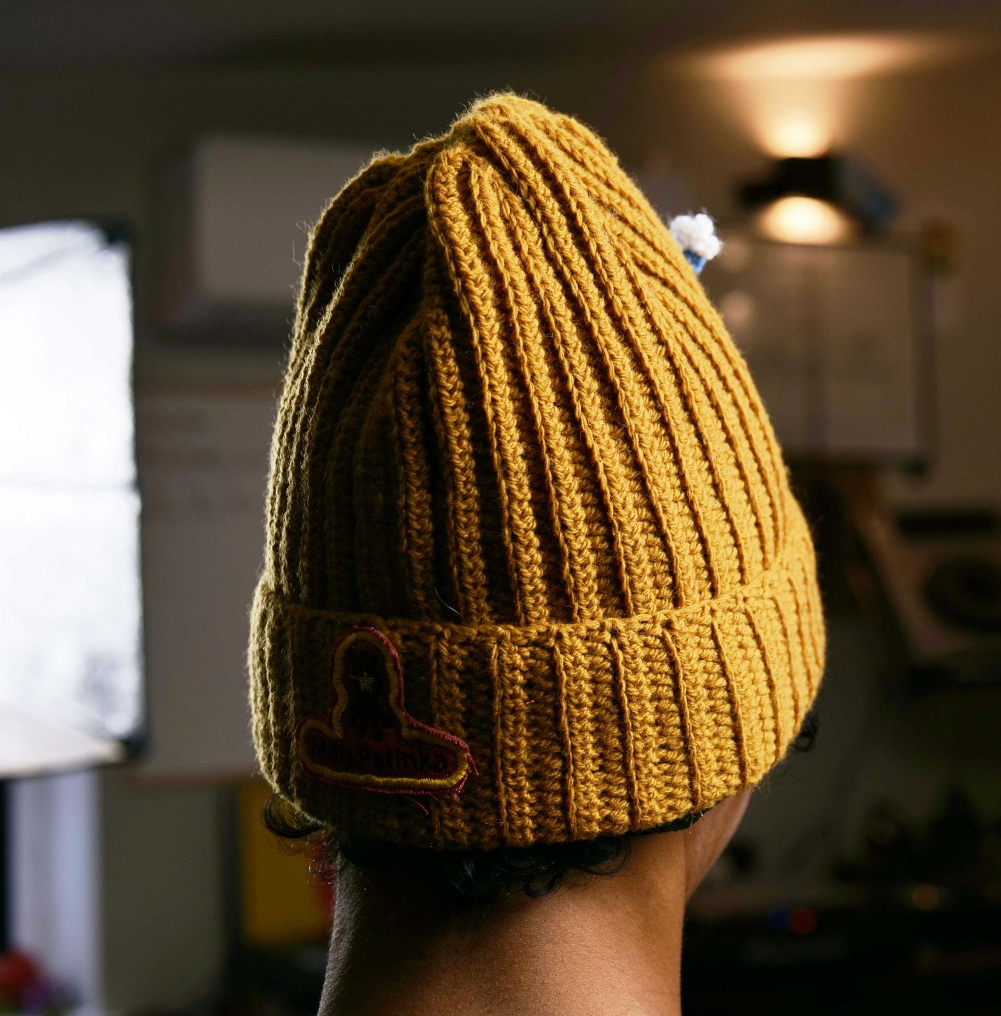 Handmade Mustard Ribbed Beanie with Crochet Oggy Character