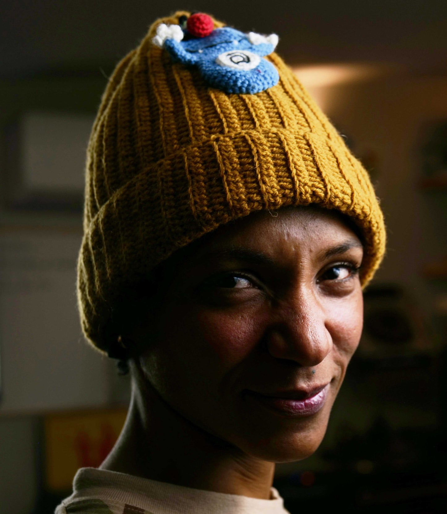Handmade Mustard Ribbed Beanie with Crochet Oggy Character