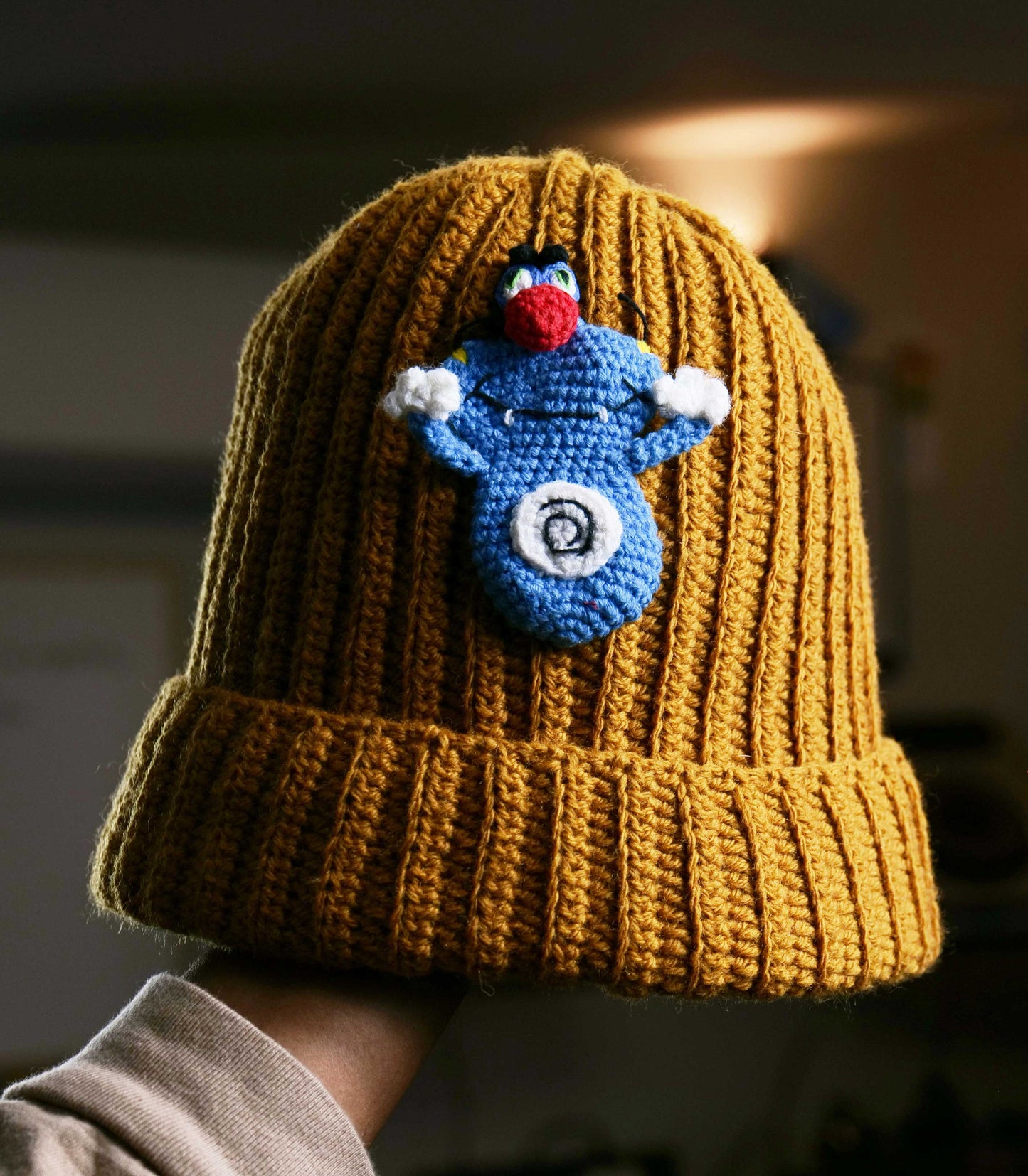 Handmade Mustard Ribbed Beanie with Crochet Oggy Character